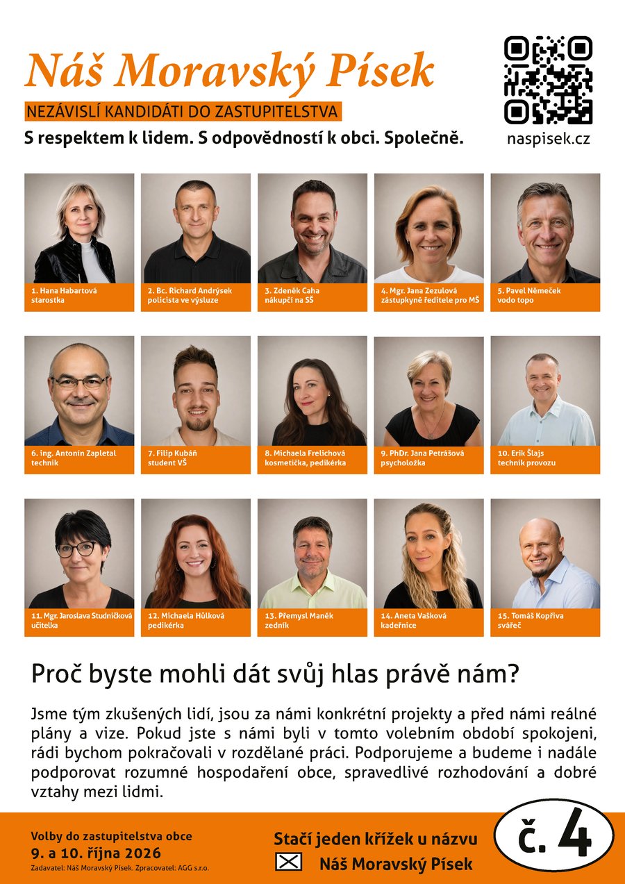 Leták Náš Moravský Písek - patnáct kandidátů do zastupitelstva obce, číslo 4