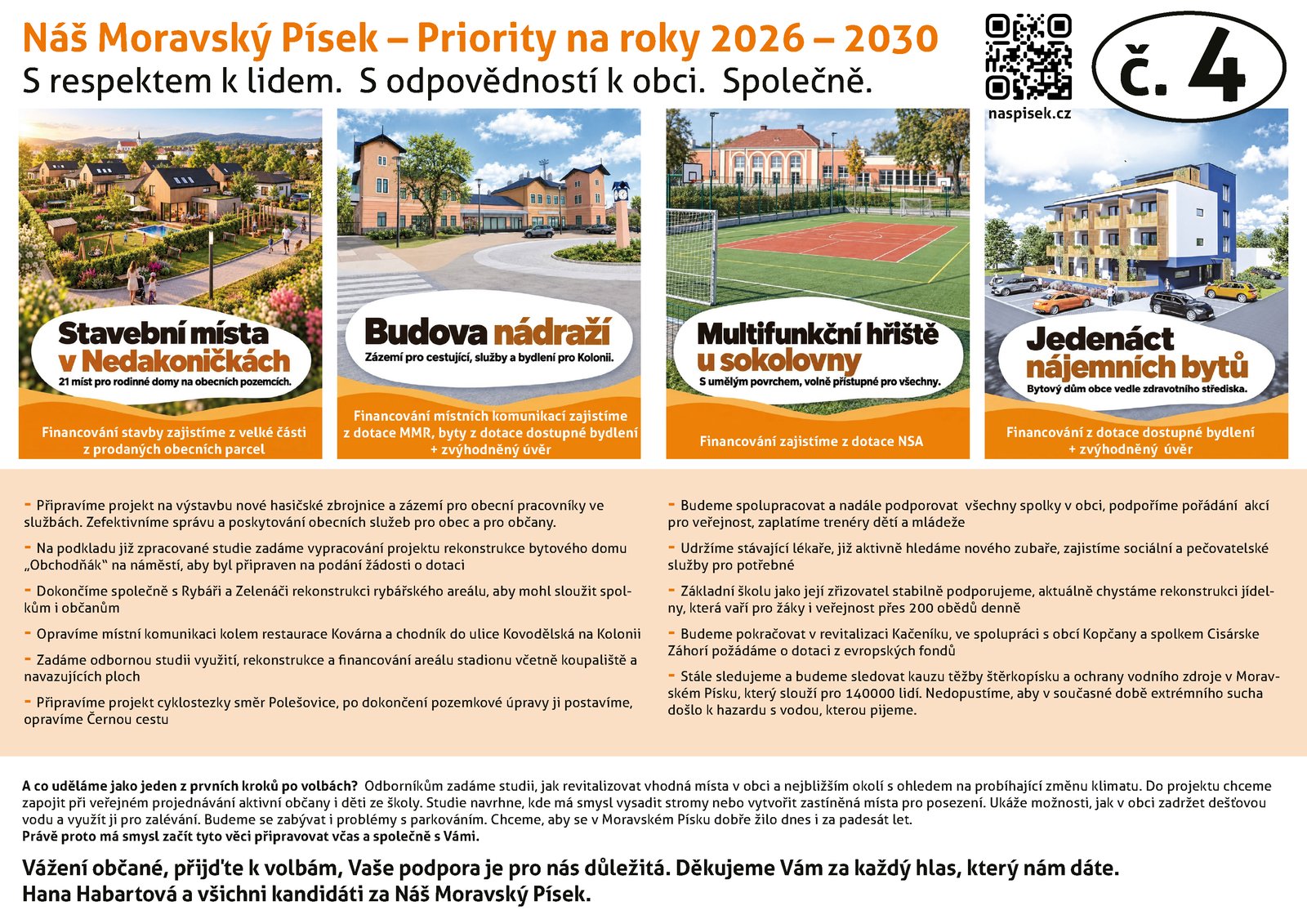 Leták Náš Moravský Písek - priority na roky 2026-2030. Celý program je na stránce Náš program.