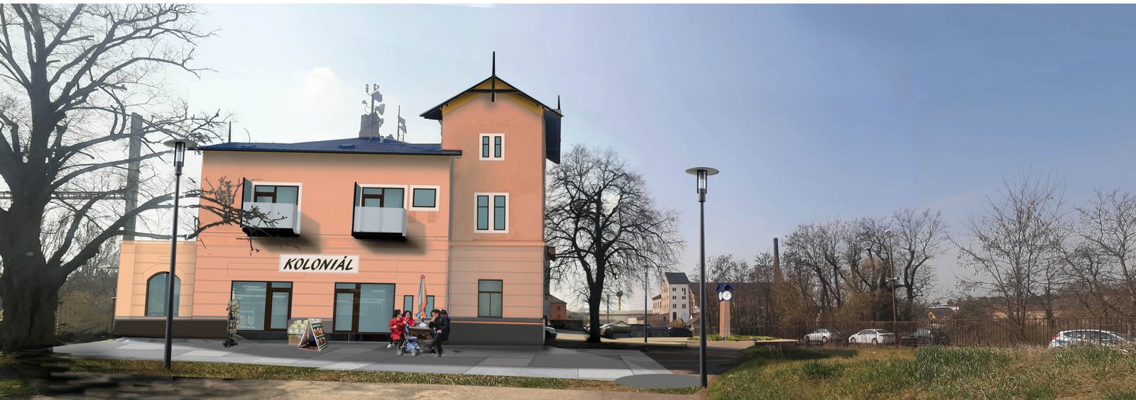 Návrh - boční pohled na opravenou budovu s obchodem a předzahrádkou